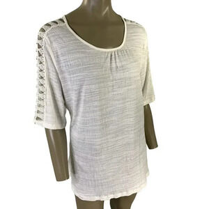 Retrology Short Sleeves Laced Cut Out Tops Pullover Blouse Size 2X Ivory Gauzy